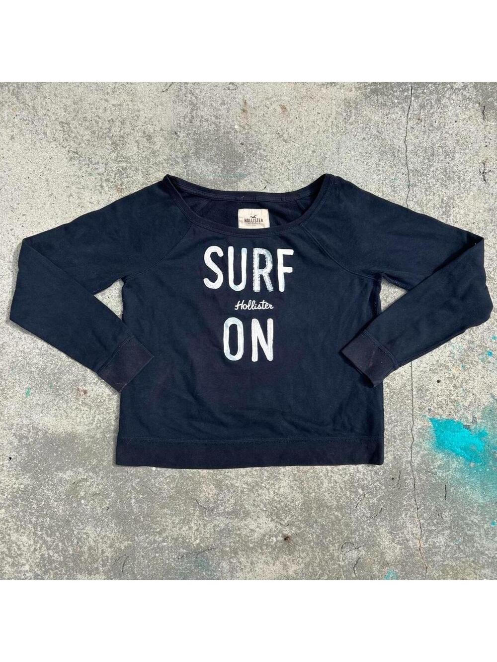 Y2K Hollister Co. Surf On Long Sleeve Navy Blue Shirt with White Text